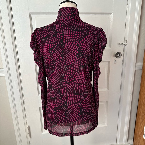 Nine West Women's Blouse Puff Sleeves Geometric Pink Print‎ Feminine Career Y2K - Picture 4 of 16